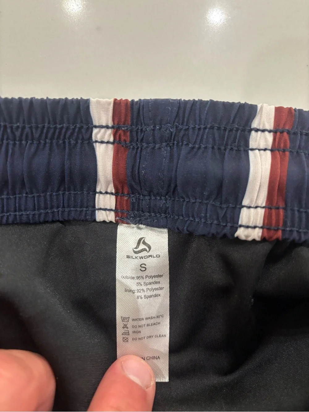 Navy Vertical Stripe Men's Swim Trunks with Red & White Accents